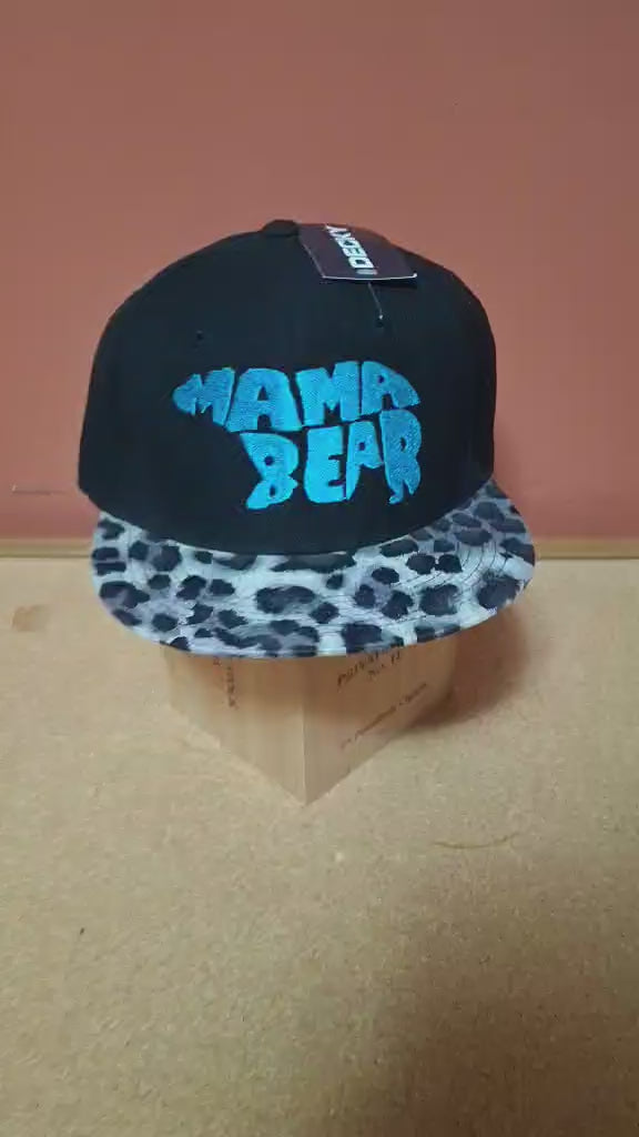 Trucker Hat - Embroidered "Mama Bear" snow leopard print